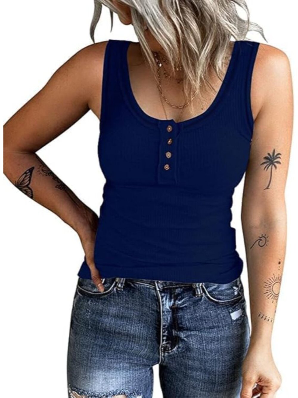 Women's Sleeveless Henley Tank Tops Ribbed V Neck Button Down T Shirts Summer Sl